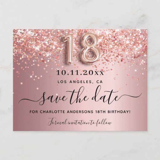 Carte Postale Faire-part 18e anniversaire blush rose parties scintillant en (Devant)