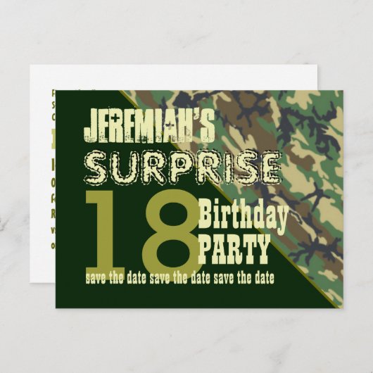 Carte Postale Faire-part 18e anniversaire surprise Enregistrer la date CAMO (Devant / Derrière)