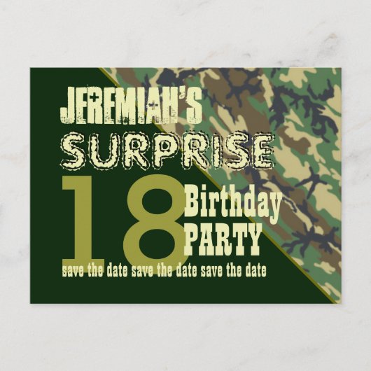 Carte Postale Faire-part 18e anniversaire surprise Enregistrer la date CAMO (Devant)