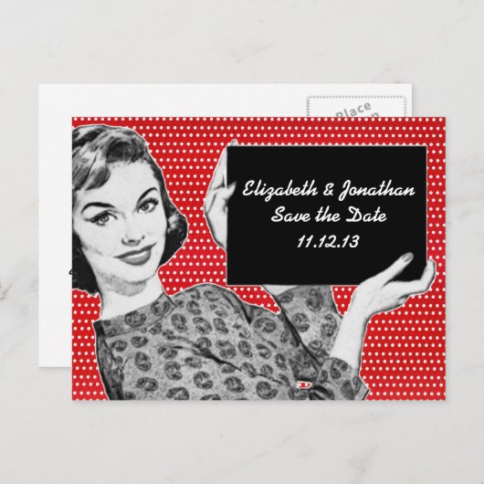 Carte Postale Faire-part 1950 Femme avec un signe Enregistrer la date (Devant / Derrière)