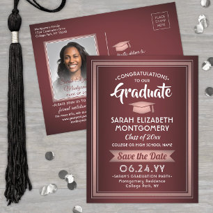 Carte Postale Faire-part 1 Photo Burgundy & Pink Graduation Enregistrer la 