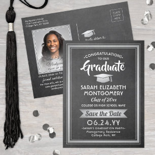 Carte Postale Faire-part 1 Photo Chalkboard Silver Graduation Enregistrer l