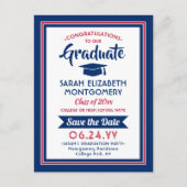 Carte Postale Faire-part 1 Photo Graduation Rouge Blanc & Bleu Enregistrez (Devant)