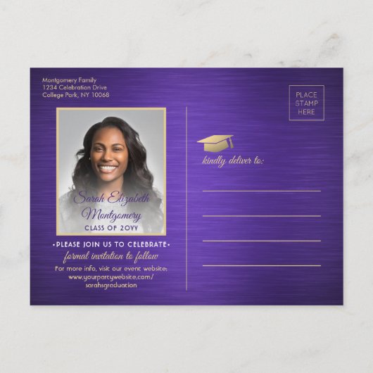 Carte Postale Faire-part 1 Photo Purple Gold White Graduation Enregistrer l (Dos)