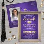 Carte Postale Faire-part 1 Photo Purple Gold White Graduation Enregistrer l