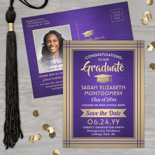 Carte Postale Faire-part 1 Photo Purple Gold White Graduation Enregistrer l