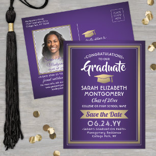 Carte Postale Faire-part 1 Photo Purple Gold White Graduation Enregistrer l