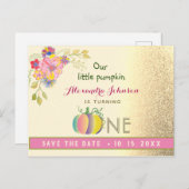 Carte Postale Faire-part 1er Anniversaire Sauvegarder la date Citrouille ro (Devant / Derrière)