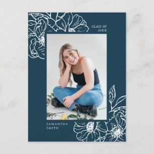 Carte Postale Faire-part 2022 Blue Floral Greenery Elégant Photo Grad