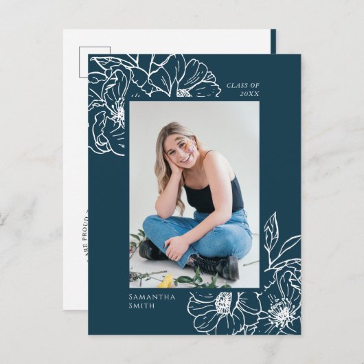 Carte Postale Faire-part 2022 Fleur Bleue Élégante Photo Diplômé (Devant / Derrière)