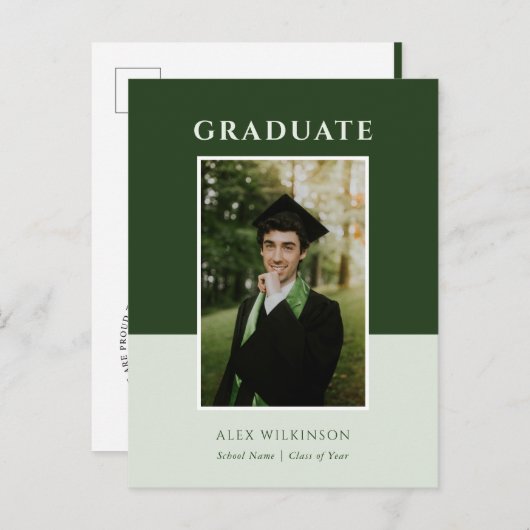 Carte Postale Faire-part 2023 Vert Moderne Simple Script Photo Graduation (Devant / Derrière)