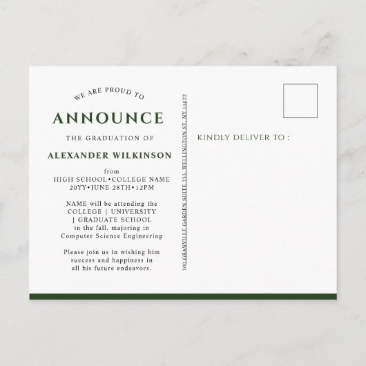 Carte Postale Faire-part 2023 Vert Moderne Simple Script Photo Graduation (Dos)