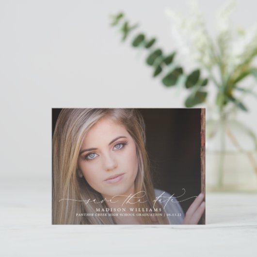 Carte Postale Faire-part 2 Diplôme photo Script moderne Enregistrer la date (Debout devant)