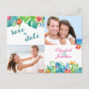 Carte Postale Faire-part 2 Photo Plage Tropicale Floral Ombré Rose Cyan
