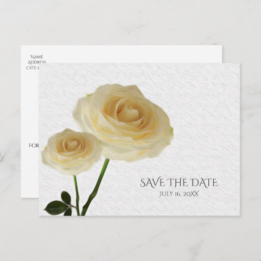 Carte Postale Faire-part 2 Roses Peints Blanc Élégant Enregistrer La Date (Devant / Derrière)