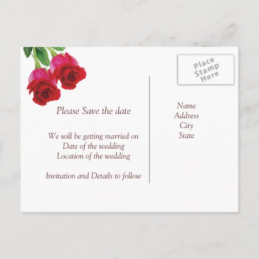 Carte Postale Faire-part 2 roses rouges Enregistrer la date (Dos)