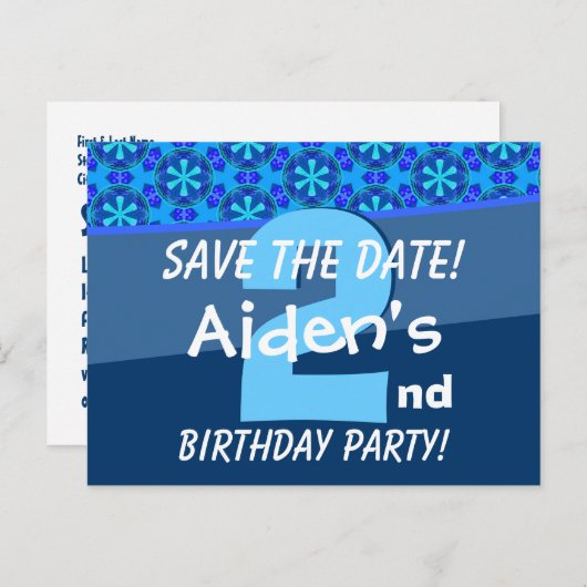 Carte Postale Faire-part 2e anniversaire pour un garçon Enregistrer la date (Devant / Derrière)