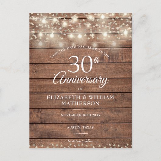 Carte Postale Faire-part 30e anniversaire String Lights Wood Enregistrer la (Devant)
