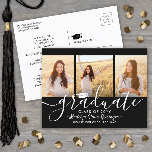 Carte Postale Faire-part 3 Collage photo Simple noir et blanc Graduation