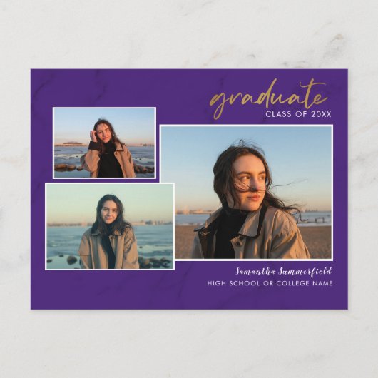 Carte Postale Faire-part 3 Photo Collage Script Grad 2022 Purple Graduation (Devant)