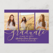 Carte Postale Faire-part 3 Photo Collage Script Purple et Gold Graduation (Devant)