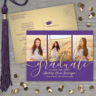 Carte Postale Faire-part 3 Photo Collage Script Purple et Gold Graduation