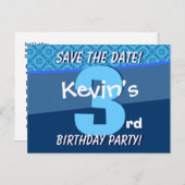 Carte Postale Faire-part 3e anniversaire pour un garçon Enregistrer la date (Devant / Derrière)