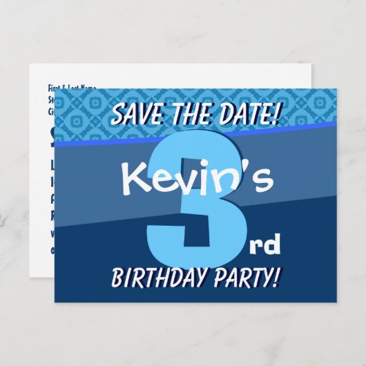 Carte Postale Faire-part 3e anniversaire pour un garçon Enregistrer la date (Devant / Derrière)