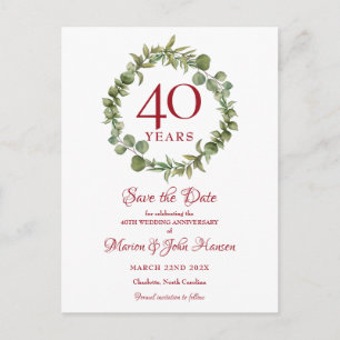 Carte Postale Faire-part 40e anniversaire de mariage Rubis Enregistrez la d