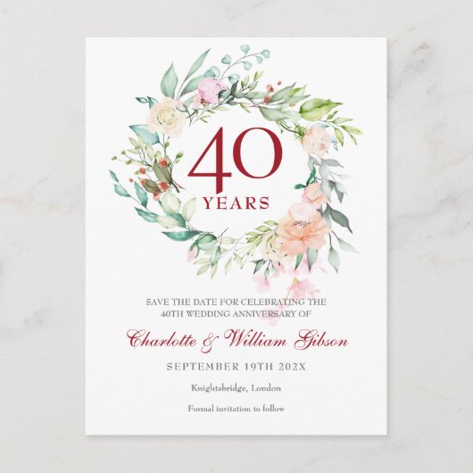 Carte Postale Faire-part 40e anniversaire du Mariage Ruby Enregistrer la da (Devant)