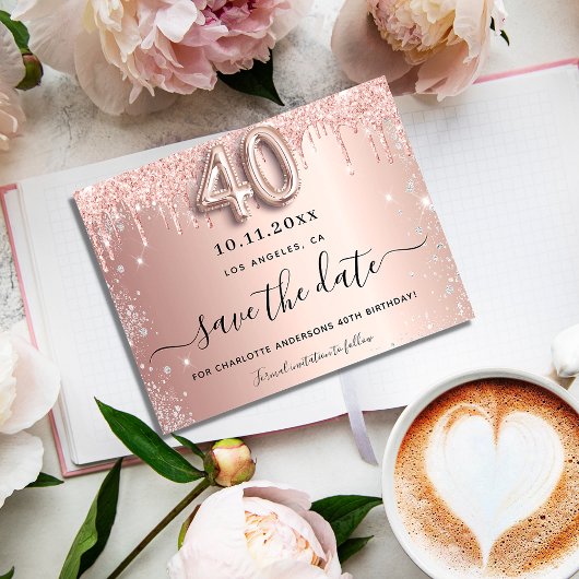 Carte Postale Faire-part 40e anniversaire rose argent parties scintillant e