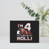 Carte Postale Faire-part 4e Anniversaire Voiture de course 4 ans Roulettes (Debout devant)
