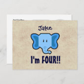 Carte Postale Faire-part 4ème Visage bleu mignon d'éléphant d'anniversaire (Devant / Derrière)