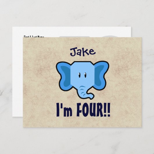 Carte Postale Faire-part 4ème Visage bleu mignon d'éléphant d'anniversaire (Devant / Derrière)