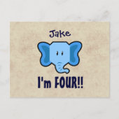Carte Postale Faire-part 4ème Visage bleu mignon d'éléphant d'anniversaire (Devant)