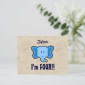 Carte Postale Faire-part 4ème Visage bleu mignon d'éléphant d'anniversaire (Debout devant)