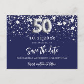 Carte Postale Faire-part 50e anniversaire bleu marine étoiles argentées enr (Devant)