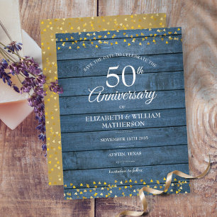 Carte Postale Faire-part 50e Anniversaire Cœurs en Or Rustique Enregistrez