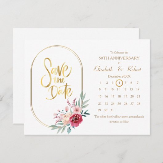 Carte Postale Faire-part 50e Anniversaire Frame or The Date Calendar (Devant / Derrière)