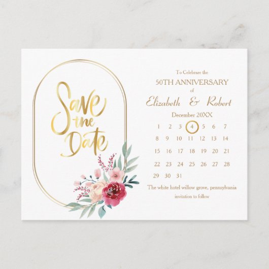 Carte Postale Faire-part 50e Anniversaire Frame or The Date Calendar (Devant)