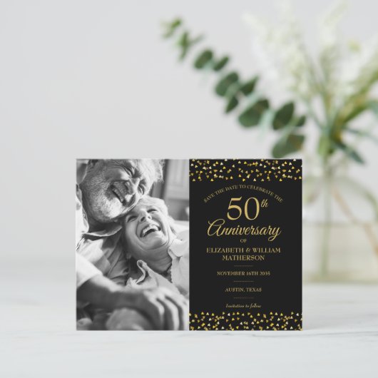 Carte Postale Faire-part 50e anniversaire Gold Hearts Enregistrer la date P (Debout devant)