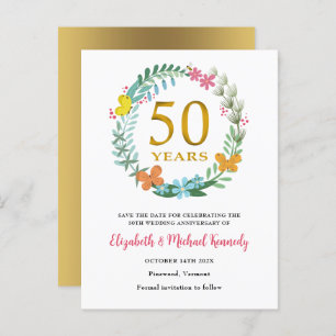 Carte Postale Faire-part 50e anniversaire Golden Floral Enregistrer la date