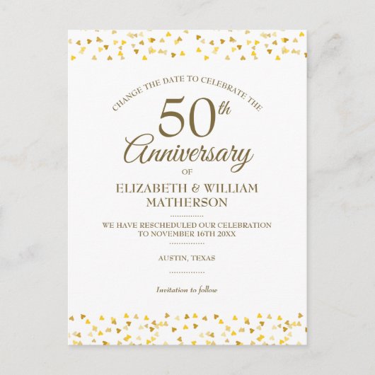 Carte Postale Faire-part 50e Anniversaire Golden Hearts Changez la Date (Devant)