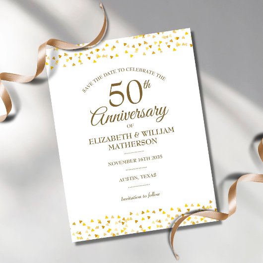 Carte Postale Faire-part 50e anniversaire Golden Hearts Save the Date