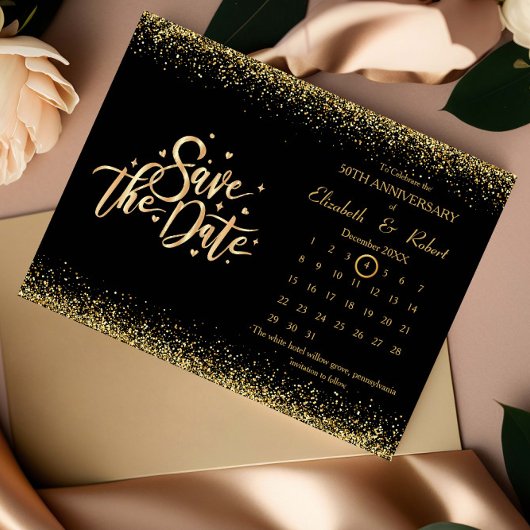 Carte Postale Faire-part 50e anniversaire Noir et Parties scintillant Calen