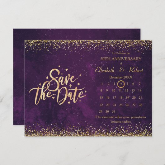 Carte Postale Faire-part 50e Anniversaire Purple Mariage Le Calendrier des  (Devant / Derrière)