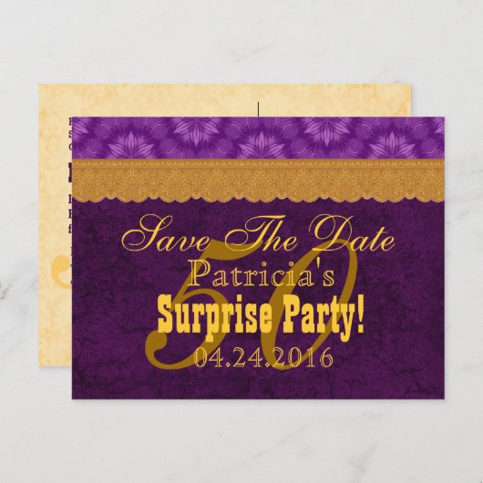 Carte Postale Faire-part 50e anniversaire SURPRISE Enregistrer la date Purp (Devant / Derrière)