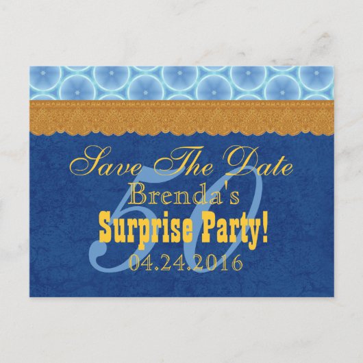 Carte Postale Faire-part 50e Anniversaire SURPRISE Save the Date Bleu Or V1 (Devant)