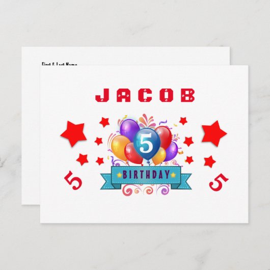 Carte Postale Faire-part 5e date de sauvegarde Balloons et étoiles d'annive (Devant / Derrière)