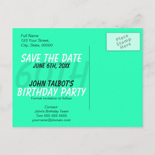 Carte Postale Faire-part 60e fête d'anniversaire 60s Bleu Enregistrer la da (Dos)